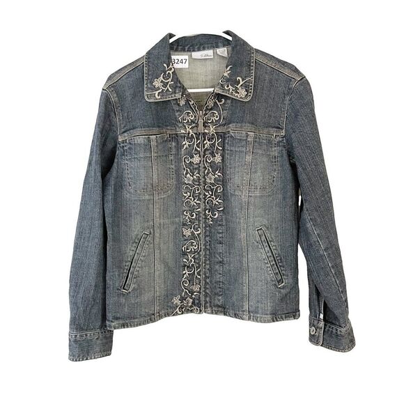 Chicos Platinum Womens Blue Jean Jacket Medium Full Zip Embroidered Floral Vtg - Picture 1 of 9